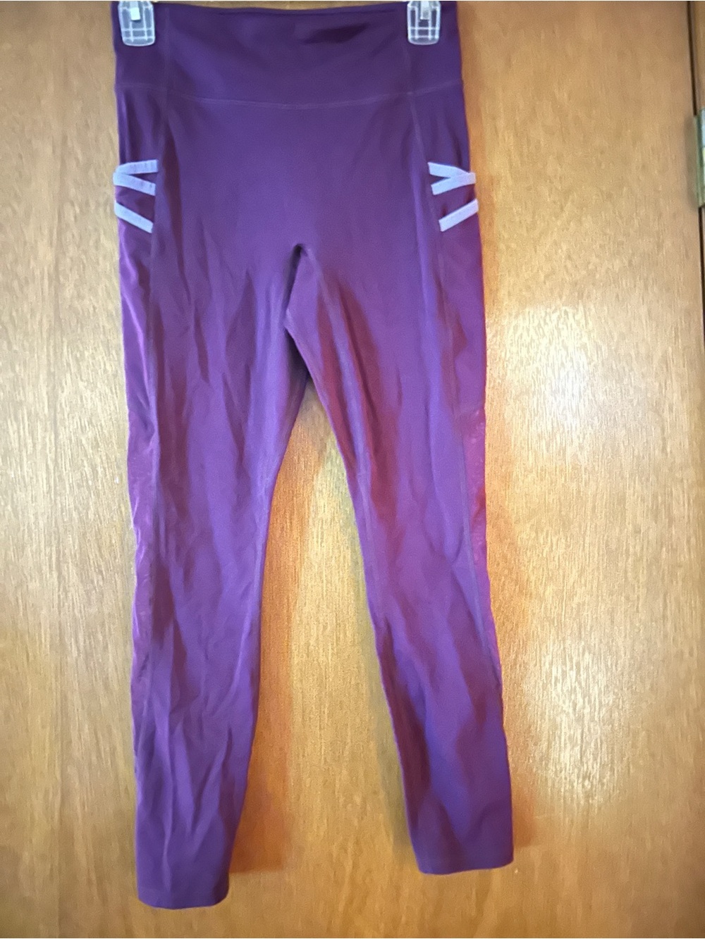 Fabletics Plum Purple Leggings with lavender Stripes